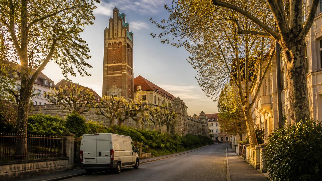 Blick auf den Hochzeitsturm der Darmstädter Mathildenhöhe mit einem Umzugswagen in einer ruhigen Wohnstraße