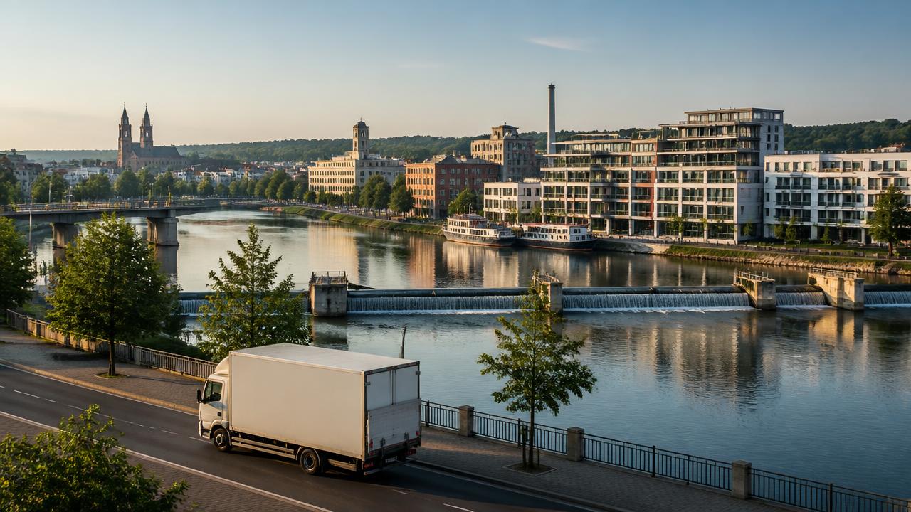 Blick über den Neckar in Heilbronn mit Wehr, Uferpromenade und einem Umzugswagen am Straßenrand