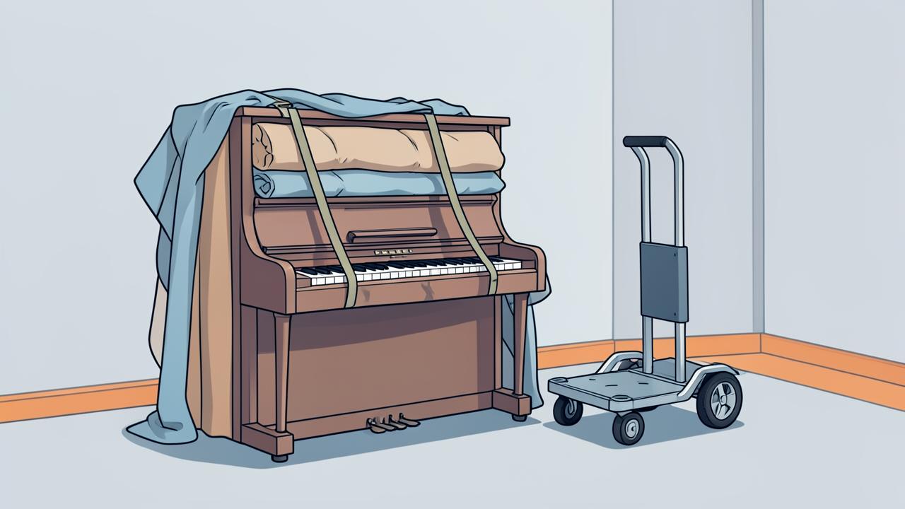 Klavier mit Transportgurten und Rollhilfe gesichert