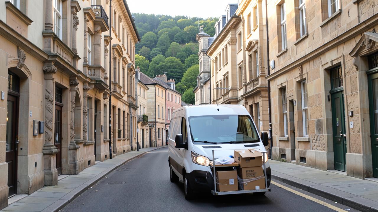 Einzelnes Sofa beim Transport in einer engen Gasse der Heidelberger Altstadt