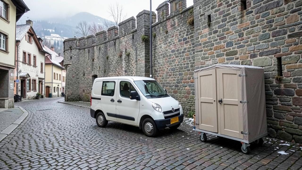 Einzelnes Sofa beim Transport in der Kaufbeurer Altstadt nahe der Stadtmauer