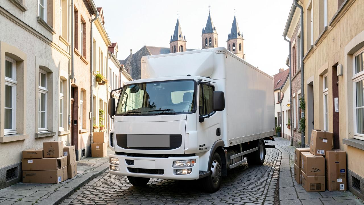 Transportfahrzeug in der Speyerer Altstadt mit Blick auf den Kaiserdom